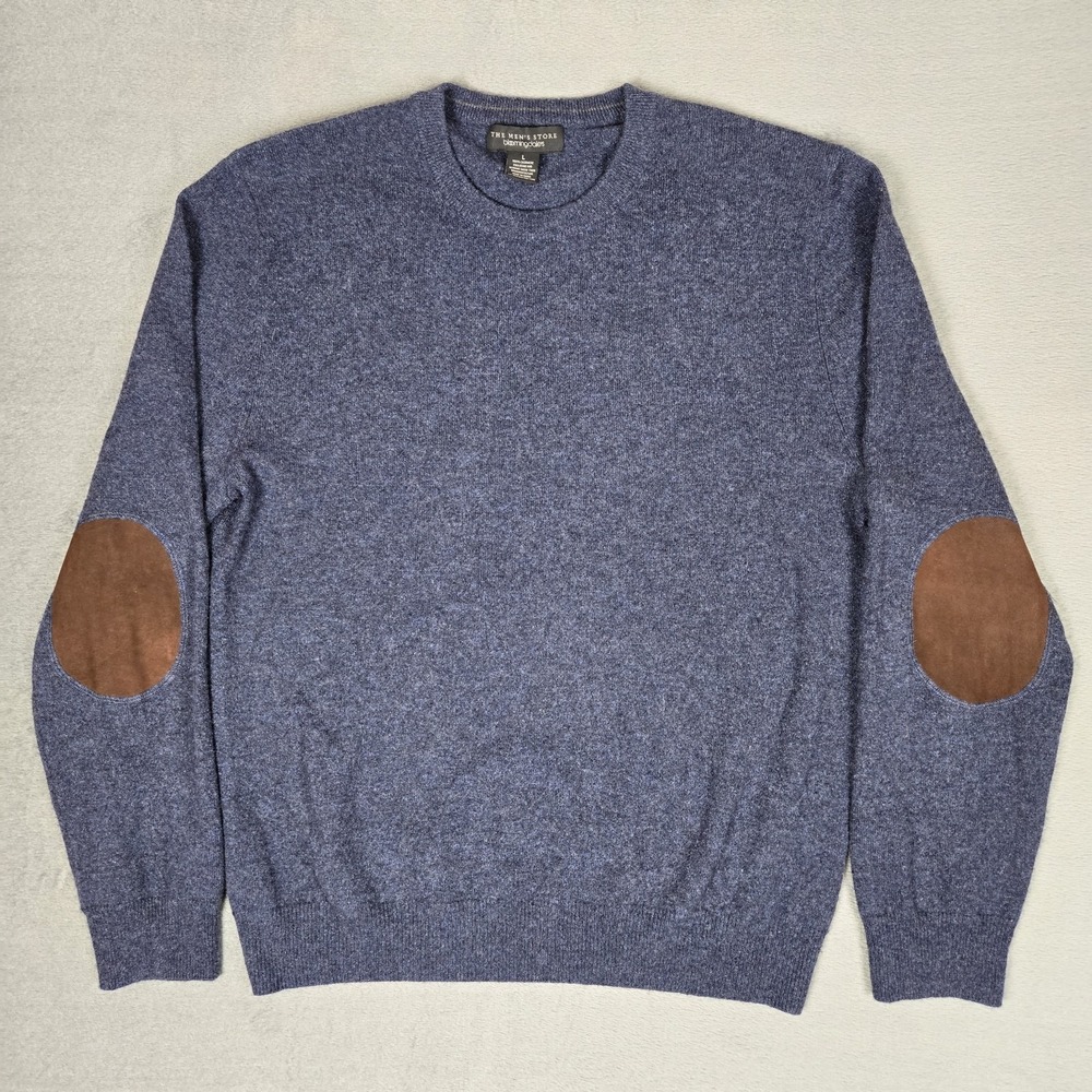 Bloomingdales Sweater Mens Large 100% Cashmere Crew Navy Leather Elbow Patches